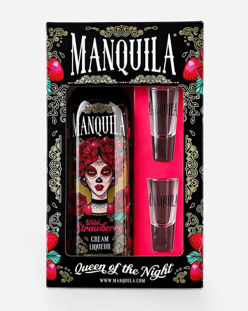 Wholesale Manquilla Wild Strawberry Cream Liqueur and Shot Glasses Gift Set 70 cl